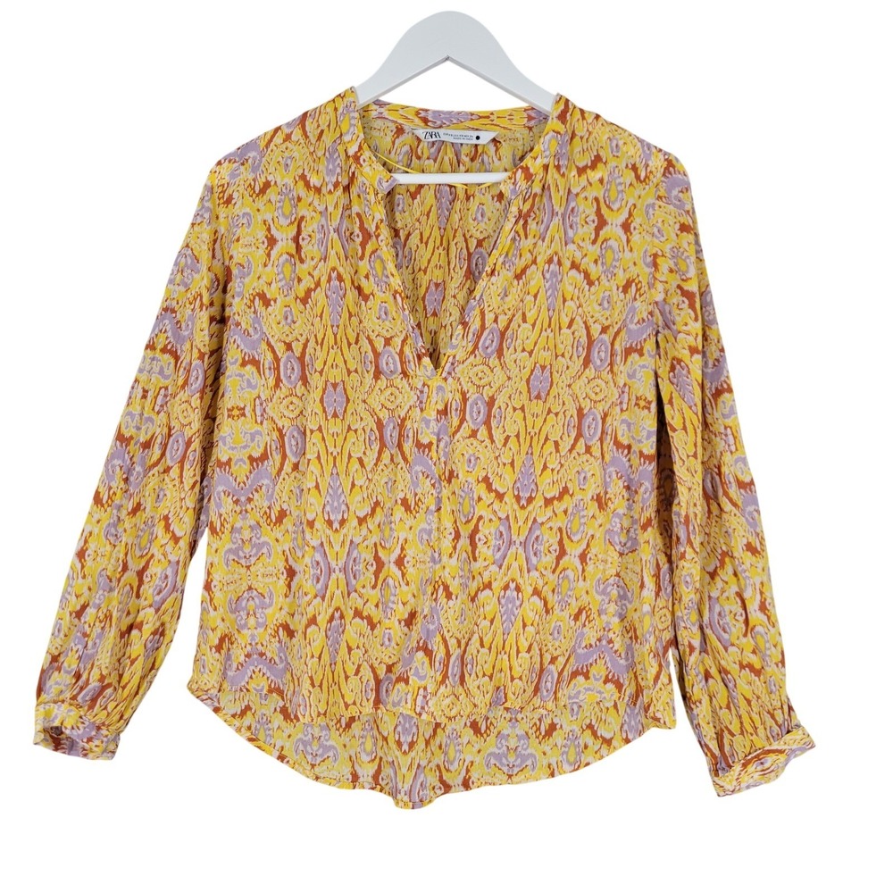 Zara Blouse Womens XS Yellow Ikat‎ Paisley Print V-Neck Long Sleeve Cotton Boho